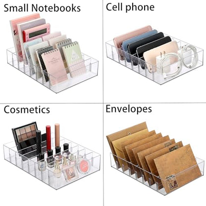 Hipiwe Cash Organizer Plastic Mail Organizer Tray Clear Desk Holder with Removable Divider, 8 Slots Cash Storage Tray Letter Sorter for Cash Budgeting Bill Envelope