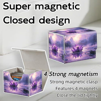 Trading Card Storage Box, Holds 100+ for MTG Cards, PU Leather with Magnetic Closure, Purple Lotus Flower in Misty Lake Durable Deck Box for Magic the Gathering, Trading Card Games - color: Purple Lotus Flower in Misty Lake