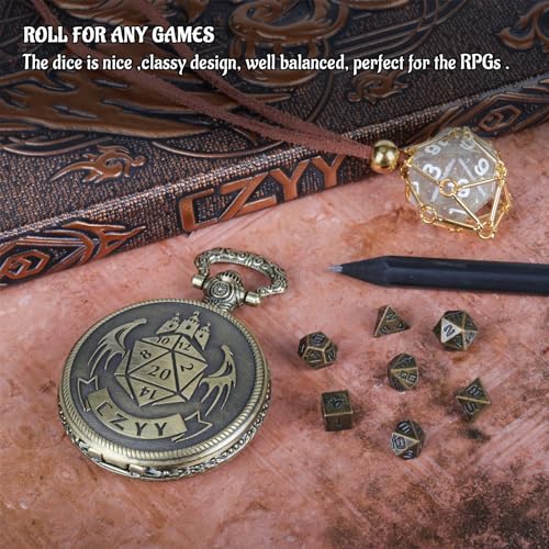CZYY Mini Metal Polyhedral Dice Set, 6 mm Dice with Watch Shell Case | 7 Micro Metal Dice, Zinc Alloy, Pocket Watch Shell Case, RPG Gift, For Travel Games, Desk Displays & Dice Collections