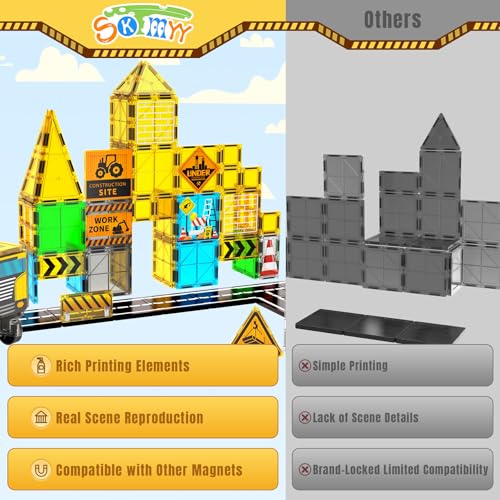 SKTMYY Magnetic Tiles for Kids, Construction Toys with Crane Road Truck Magnets Building Blocks Gifts for Kids Ages 3-5 4-8 Montessori Preschool Educational STEM Toy Gifts for 3+ Years Old Boys - style: Construction Magnetic Tiles