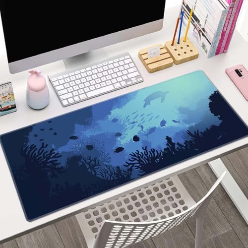 Blue Ocean Big Turtle Gaming Mouse Mat, XL 31.5 x 11.8 Inch Ocean Theme with Turtle Design, Extended Long Thin Desk Pad for Keyboard Mice, Thin Blue Mouse Pad - color: Blue Ocean Big Turtle