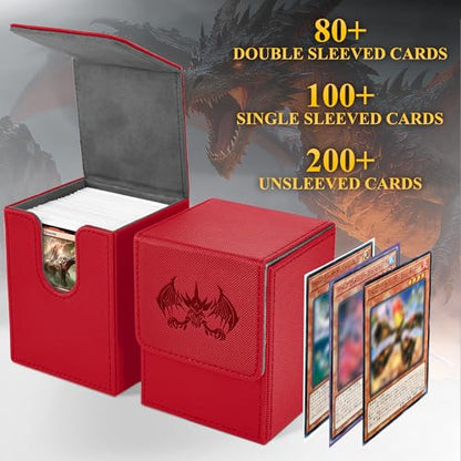 UAONO Card Deck Box for Yugioh MTG Cards, 100+ Deck Case with 2 Dividers Fits TCG CCG, PU Leather Card Storage Box Compatible with Collectible Trading Cards (Red, Extinction Dragon) - color: B-Red