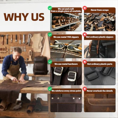 Full Grain Leather Backpack for Men, 17" Laptop Travel Rucksack, Brown | Premium Cowhide Leather, YKK Zippers, Business Trip, 32L, Ergonomic S-Straps, Water Bottle Pocket
