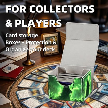 Trading Card Storage Box, Holds 100+ for MTG Cards, PU Leather with Magnetic Closure, Green Reaper in Haunted Gothic City Durable Deck Box for Magic the Gathering, Trading Card Games - color: Green Reaper in Haunted Gothic City
