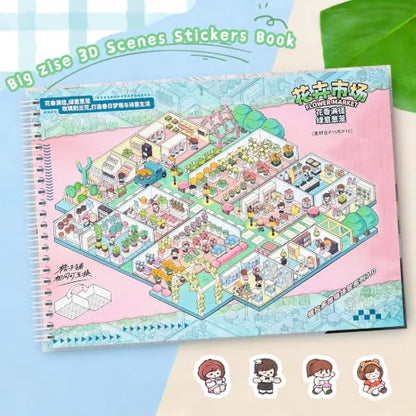 7 Pcs Big Size 3D Scenes Sticker Book Scene Stickers | DIY Make Your Own Scene House Stickers Therapy for Adults Relief Stress Pass The Time