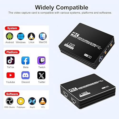 4K HDMI Video Capture Card, HDMI to USB 3.0 Capture Card for Streaming and Recording, 4K@60Hz Input Passthrough 1080P@60Hz Out, Compatible with Switch/PS5/Xbox/PC/Camera/Mac/OBS/XSplit