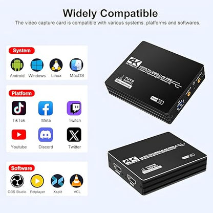 4K HDMI Video Capture Card, HDMI to USB 3.0 Capture Card for Streaming and Recording, 4K@60Hz Input Passthrough 1080P@60Hz Out, Compatible with Switch/PS5/Xbox/PC/Camera/Mac/OBS/XSplit