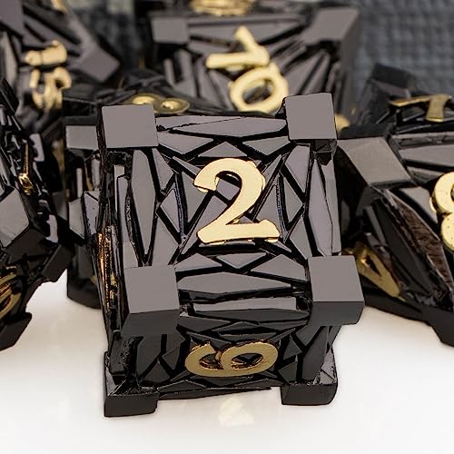7PCS Metal DND Dice Set with Box, Debris RPG Black Gold D and D Dice for use with D&D Tabletop Games Role Playing Game Polyhedral Dice Set D20 D12 D10 D8 D6 D4 - color: Black Gold