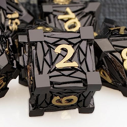 7PCS Metal DND Dice Set with Box, Debris RPG Black Gold D and D Dice for use with D&D Tabletop Games Role Playing Game Polyhedral Dice Set D20 D12 D10 D8 D6 D4 - color: Black Gold