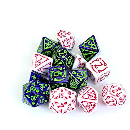 DND Dice 2 X 7Sets, 14Pieces Raised Pattern White Red and Purple Green Mixed Polyhedral DND Dice for RPG MTG Table Game Dice
