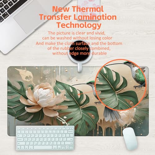 Desk Pad, Elegant Hummingbird Desk Mat, Oil Painting Flowers and Leaves Large Gaming Mouse Pad, 31.5"x15.7" Extended Big Computer Mouse Pad with Non-Slip Base and Stitched Edge - color: Elegant Hummingbird