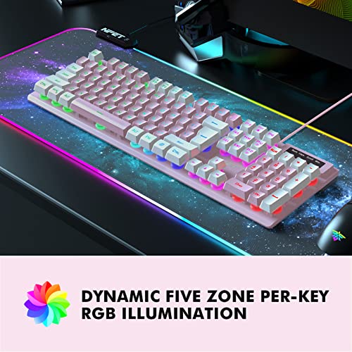 NPET K10 Wired Gaming Keyboard, RGB Backlit, Spill-Resistant Design, Multimedia Keys, Quiet Silent USB Membrane Keyboard for Desktop, Computer, PC（Lotus）