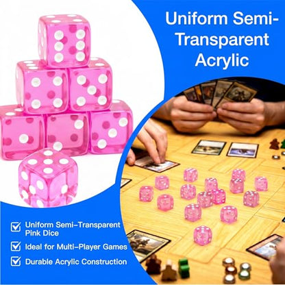 12 Piece 19 mm Casino Style Dice Set, Acrylic Translucent D6 Dice with Square Rounded Edge, Pink for Craps, Table Games, Board Games, RPG, MTG, DND(Pink) - color: Pink