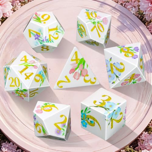 DND Dice Set, 7PCS UV Printed Sharp Edge Acrylic Dice with Metal Box, Lightweight Durable Design for Dungeons & Dragons, Floral Fantasy Theme