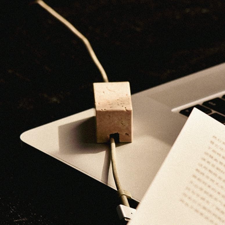 Travertine Cord Holder-Cable Organizer for Desktop, Nightstand | Natural Travertine Stone, Non-Slip Desk Cable Holder, Paperweight, Minimalist Desk Accessories