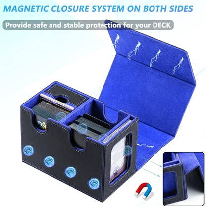 MTG Deck Box for Commander with Dice Tray,Designed for MTG Commander | Card Deck Box Fits 200+ Double Sleeved Cards,Card Storage Box with 3 Dividers 2 card holder - color: Blue