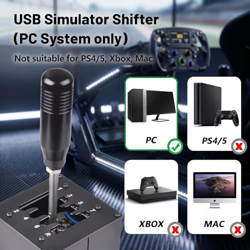 PC USB Racing Simulator Shifter, 7+R H-Pattern Gear Shifter, Plug and Play Manual Gear Shifter Compatible with Logitech G29/G27/G25/G920, Thrustmaster T300RS/GT for PC Windows 7/8/10/11 Sim Racing Games
