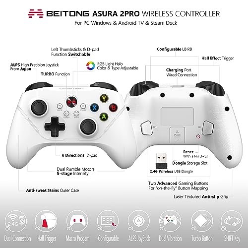 BEITONG Asura 2 Pro Game Wireless Controller - Hall Effect Trigger, ALPS Joystick, Gaming Gamepad for PC/Steam/Android TV/Tesla, Programmable M Buttons (White)