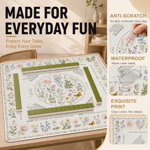 Wildflower Garden Mahjong Mat with Rules Non-Slip Noise Reduction Gaming Mats with Carrying Bag, American Mahjong Table Cover for Poker Board Card Games Dominoes, 31.5” x 31.5” - color: Wildflower Garden