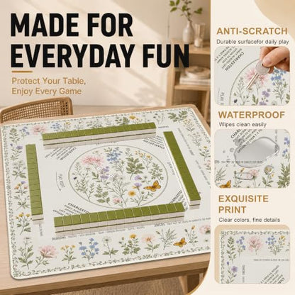 Wildflower Garden Mahjong Mat with Rules Non-Slip Noise Reduction Gaming Mats with Carrying Bag, American Mahjong Table Cover for Poker Board Card Games Dominoes, 31.5” x 31.5” - color: Wildflower Garden