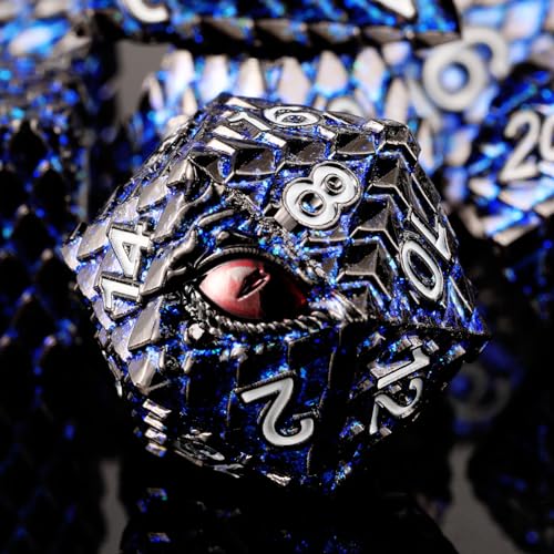 Dragon Eye Metal Dice Set, 7 Pcs Dragon Scale Metallic Dice Set, Gift Metal Box for Dungeons and Dragon Tabletop Game (Glitter Blue Dragon Scale & Red Eye) - color: Glitter Blue Dragon Scale & Red Eye