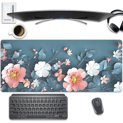 Blue Art Flowers Mouse Pad,Extended Abstract Floral Mousepad Desk Pad with Stitched Edges,Non-Slip Waterproof Rubber Base Mouse Mat for Office Computer Keyboard Laptop Home 27.5x11.8 in - color: Blue background flower