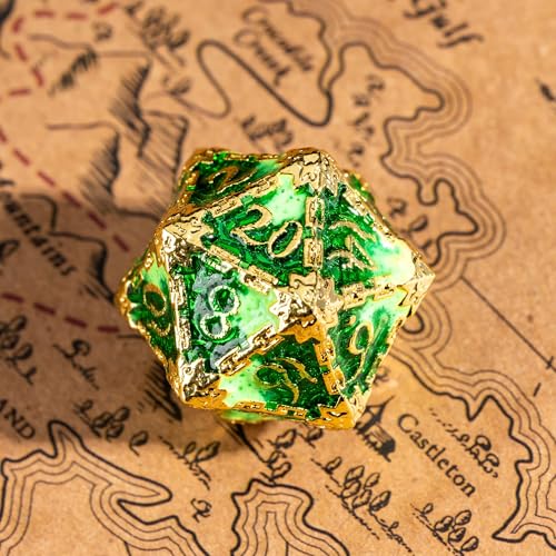 Cusdie 7Pcs Metal Dice with Metal Box, Dagger Design Polyhedral DND Dice Set, for Role Playing Game D&D Dice (Golden Green) - color: Dagger-golden Green