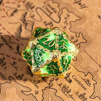 Cusdie 7Pcs Metal Dice with Metal Box, Dagger Design Polyhedral DND Dice Set, for Role Playing Game D&D Dice (Golden Green) - color: Dagger-golden Green