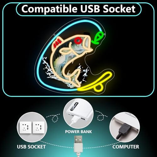 Fishing Neon Sign, Gone Fishing Led Neon Sign Light for Wall Decor Fish Hook Man Cave Light Up Sign Party Decorations for Gear Store Angler Teen Boy Dad Gift Dimmable USB Powered(13.8"*10.6") - style: Fishing