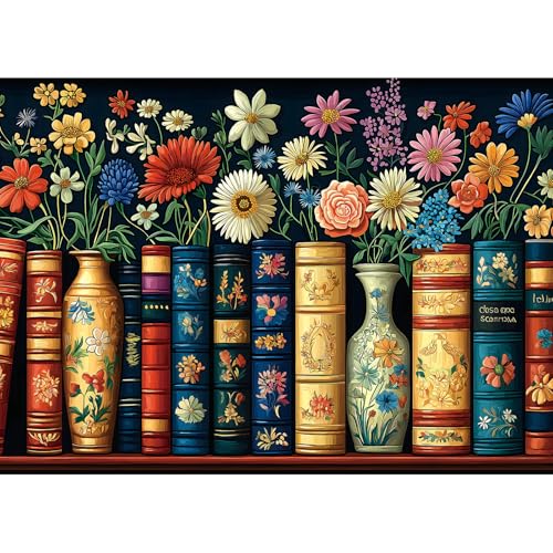 MINIWAN Wildflowers Books 1000 Piece Jigsaw Puzzle for Adults, Vintage Flower Book Puzzle, Floral Art Bookshelf Library Puzzles, Challenging Hard Difficult Puzzles for Adults 27.5x19.7 Inches - color: Books & Flowers