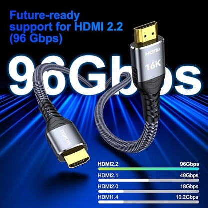 16K 8K 4K HDMI Cable 2.2 3.3ft, 96Gbps Ultra High Speed Braided HDMI 2.1 Cable, HDMI to HDMI Cable Supports 8K 4K 240Hz 144Hz 120Hz HDR eARC HDCP 2.2&2.3, Compatible HDTV Monitor Soundbar Xbox PS5/4 - size: 3.3 ft