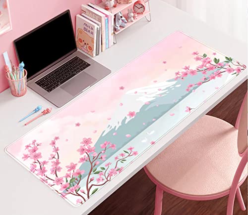 Japanese Desk Mat Pastel Pink Cherry Blossom Mouse Pad Mt Fuji Japan Large Gaming Anime Mousepad XXL 31.5x15.75 in, Kawaii Aesthetic Flower Cute Women Office Decor Computer Laptop Keyboard Mat - color: C-pastel Pink Cherry Blossom