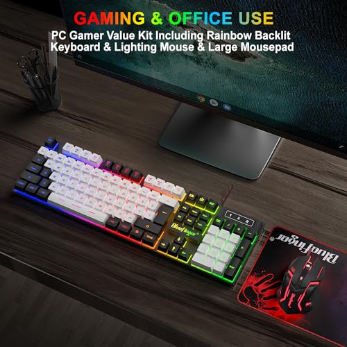 BlueFinger RGB Gaming Keyboard and Backlit Mouse Combo, USB Wired, LED Gaming Set for Laptop PC Computer Game and Work (Black & White) - color: Black & White
