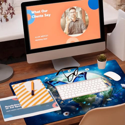 Desk Mat, Earth Surrounded by Flowers Desk Pad, Blue Butterfly Large Gaming Mouse Pad, 31.5"x15.7", Extended Big Computer Keyboard Mouse Pad with Non-Slip Base and Stitched Edge - color: Earth Surrounded By Flowers