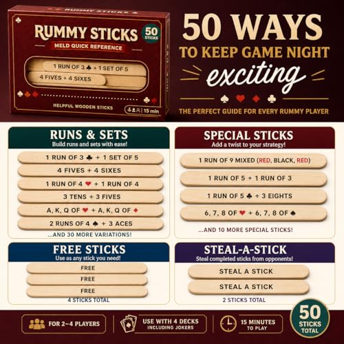 Rummy Sticks Card Game Set with 50 Sticks, for 2-8 Players, Portable Travel Game with Box and Instructions for Family Game Night and Gatherings