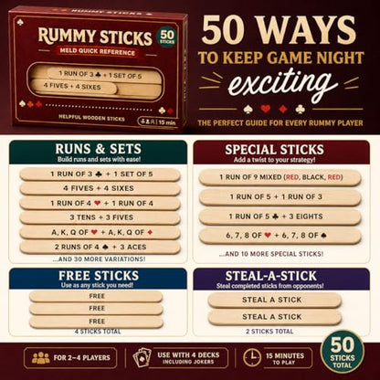 Rummy Sticks Card Game Set with 50 Sticks, for 2-8 Players, Portable Travel Game with Box and Instructions for Family Game Night and Gatherings