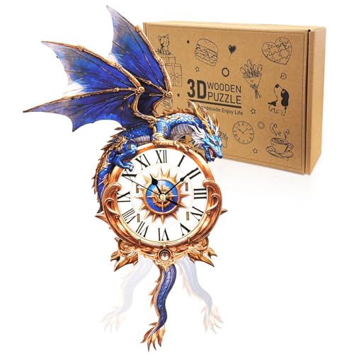 3D Wooden Puzzles for Adults-Blue Dragon Clock Puzzle-Adult Crafts | 3D Puzzle/Puzzle Clock/Dragon Lover Gifts/DIY Wooden Puzzle/Working Clock/Desk/Wall Decor/Creative Gifts for Adults&Teens - color: Blue Dragon Clock