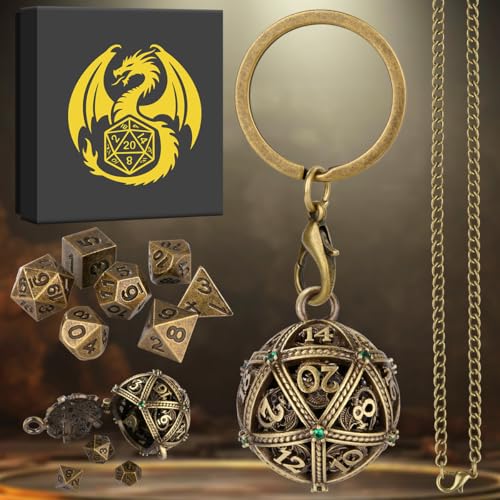 Mini DND Dice Set with Spherical Hollow D20 Metal Case Portable Keychain Necklace, Tiny 7pcs Polyhedral D&D Dice Set, DND Gifts with Gift Box, D&D Accessories for RPG（Green Diamond, Bronze） - color: Bronze