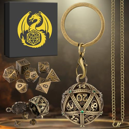 Mini DND Dice Set with Spherical Hollow D20 Metal Case Portable Keychain Necklace, Tiny 7pcs Polyhedral D&D Dice Set, DND Gifts with Gift Box, D&D Accessories for RPG（Green Diamond, Bronze） - color: Bronze