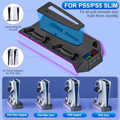 PS5/PS5 Slim Cooling Station with Controller Charging Station for PlayStation 5 Console Disc/Digital, PS 5 Cooling Stand Accessories with LED Light/Charger/Cooler Fan/3 USB Hubs/Headset Holder/Screw