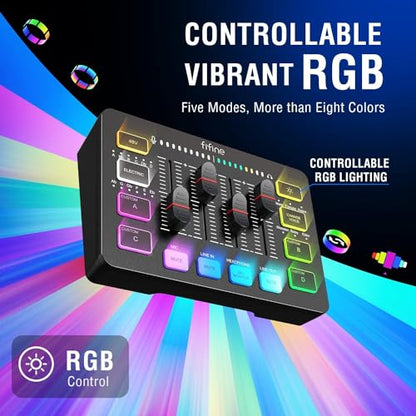 FIFINE XLR/USB Gaming Microphone Set and Gaming Audio Mixer,Dynamic PC Mic for Streaming Podcasting,RGB Recording Mixer with XLR Microphone Interface,Computer RGB Mic Kit with Boom Arm Stand(AM8T+SC3)