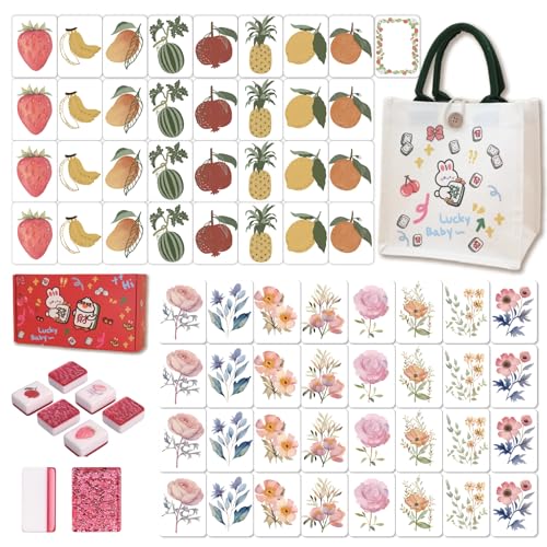 65 Pcs Vita Mahjong Tile Set, Portable Travel Mahjong Game with Handbag, 1.5-Inch Jumbo Premium Acrylic Tiles for Solo or 2 Players, Screen-Free Board Game for Picnic & Party - color: Cottagecore Flower & Fruit
