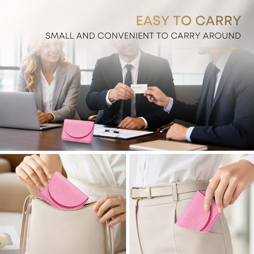 Business Card Holder，PU Leather Business Card Case Wallet Pink | Pocket Travel Name Card Case for Men and Women Gift，Portable Magnetic Business Card Carrier for Purse - color: Pink