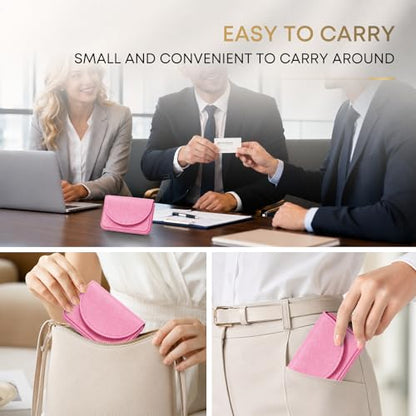 Business Card Holder，PU Leather Business Card Case Wallet Pink | Pocket Travel Name Card Case for Men and Women Gift，Portable Magnetic Business Card Carrier for Purse - color: Pink