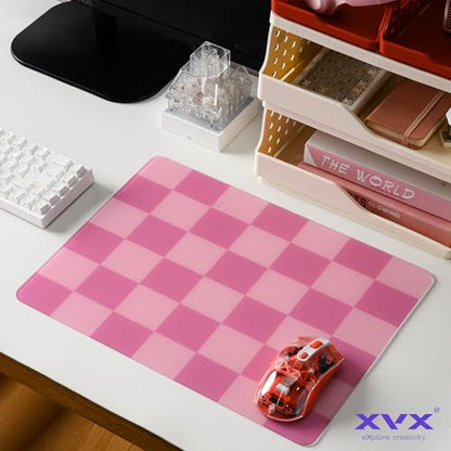 Glass Mousepad, XVX Pink Checkerboard Tempered Large Hard Mouse Mat 410mm×310mm, Ultra-Smooth Glass Surface for Speed & Precision Control - color: Pink