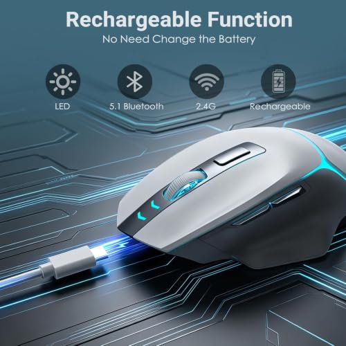 JOYACCESS Wireless Gaming Mouse, Supports Bluetooth/2.4g/Wired Connections 12500 DPI, 1000hz, Rechargeable, 20m Clicks, 6 Buttons, RGB Backlit Ergonomic Mouse for Windows/Mac Gamers (Silver-Gray) - color: Silver-Gray