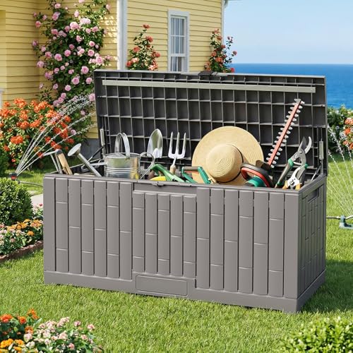 Jocoevol Deck Box 120 Gal, UV Resistant & Waterproof Outdoor Storage Box with Lock, Easy Assemble Storage Bins Container for Pool Patio Garden - size: 120Gal