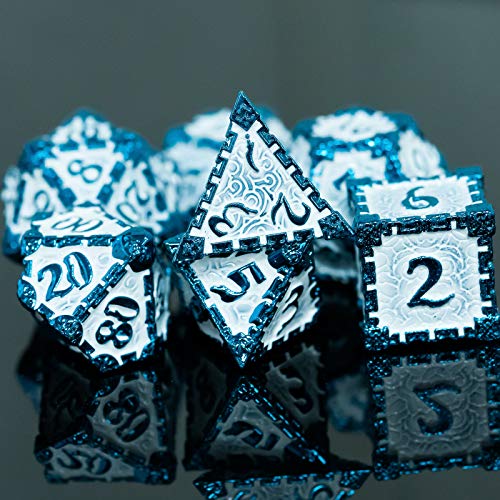 Cusdie 7pcs Metal DND Dice with Tin Box, Dagger Design Polyhedral Die Set, for Role Playing Game D&D Dice Pathfinder (Blue White) - color: Blue White