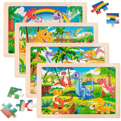 4 Pack Wooden Dinosaur Jigsaw Puzzles for Kids Ages 2-4 Toddler Puzzles | Sensory Toys, Preschool Educational Toys, Toddler Puzzles Gift for 3 4 5 Year Old Boys Girls - color: Dinosaur