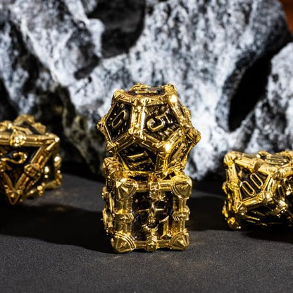 Metal Skull Dice Set with Skull Bag,7PCS Polyhedral Metal Dice Set for DND Role Playing Games(Gold Black) - color: Skull Gold Black
